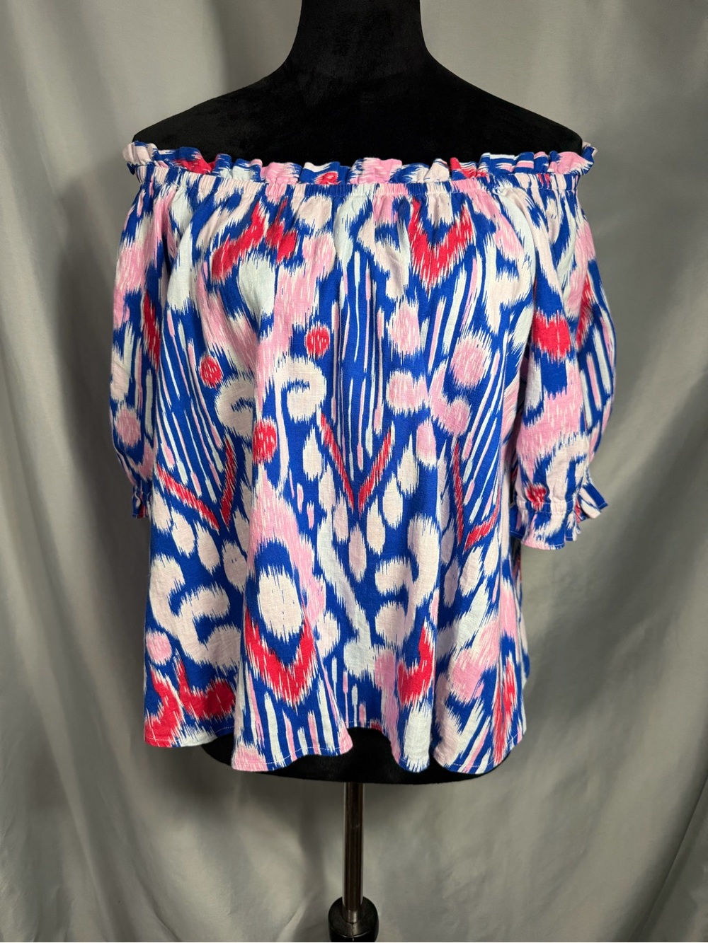 Crown & Ivy Off The Shoulder Top Womens Blue Pink Puff Sleeve Cruise Sz M NWT